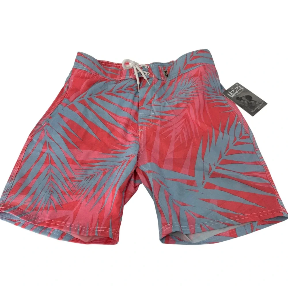 Uzzi Amphibious Gear Mens Coral Blue Tropical Palm Leaf Board Shorts NWT Sz L